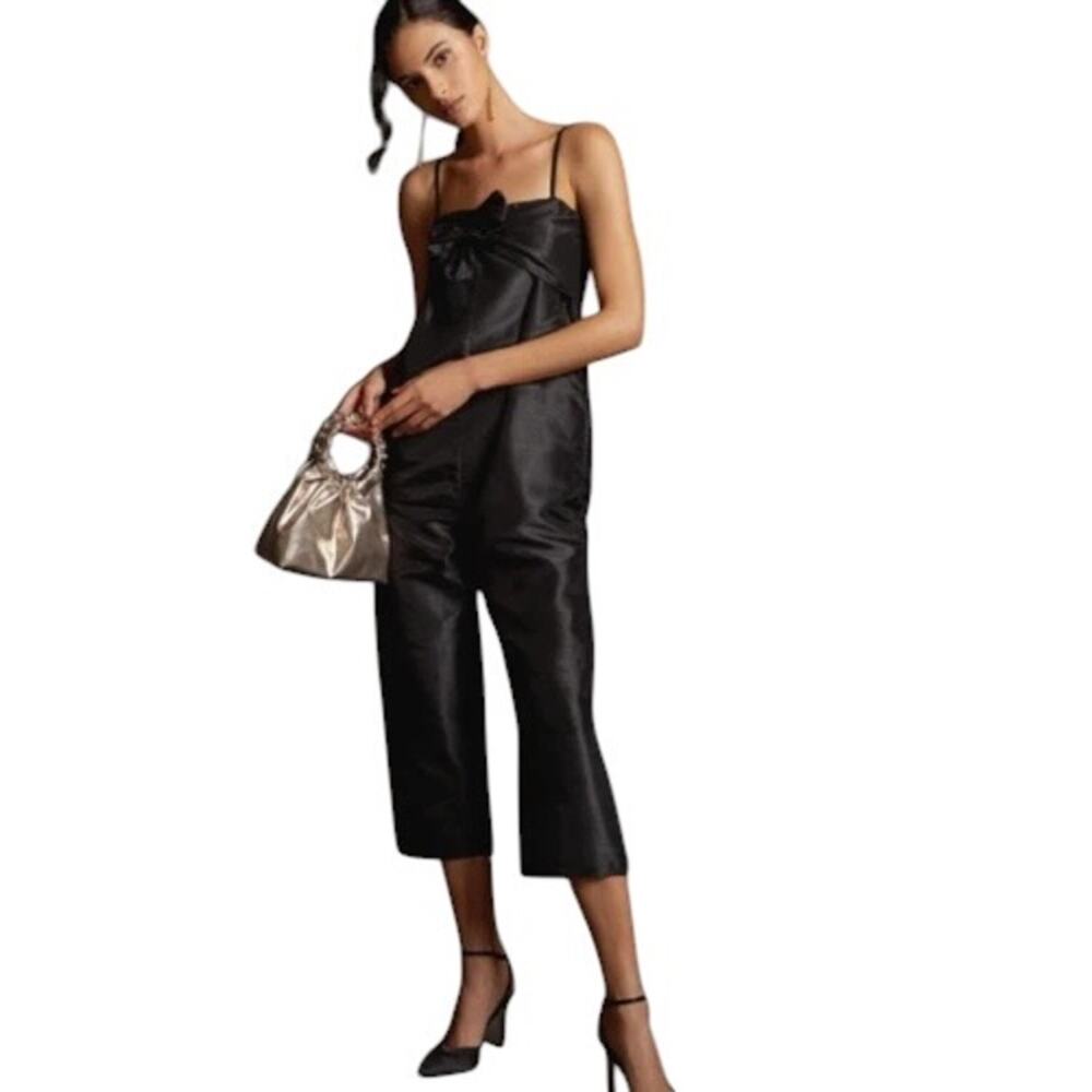 NWT Anthropologie Hutch Black Satin Jumpsuit Tie Front Crop Small